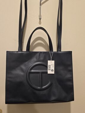 TELFAR Navy Embossed Logo Vegan Leather Shopping Tote MEDIUM